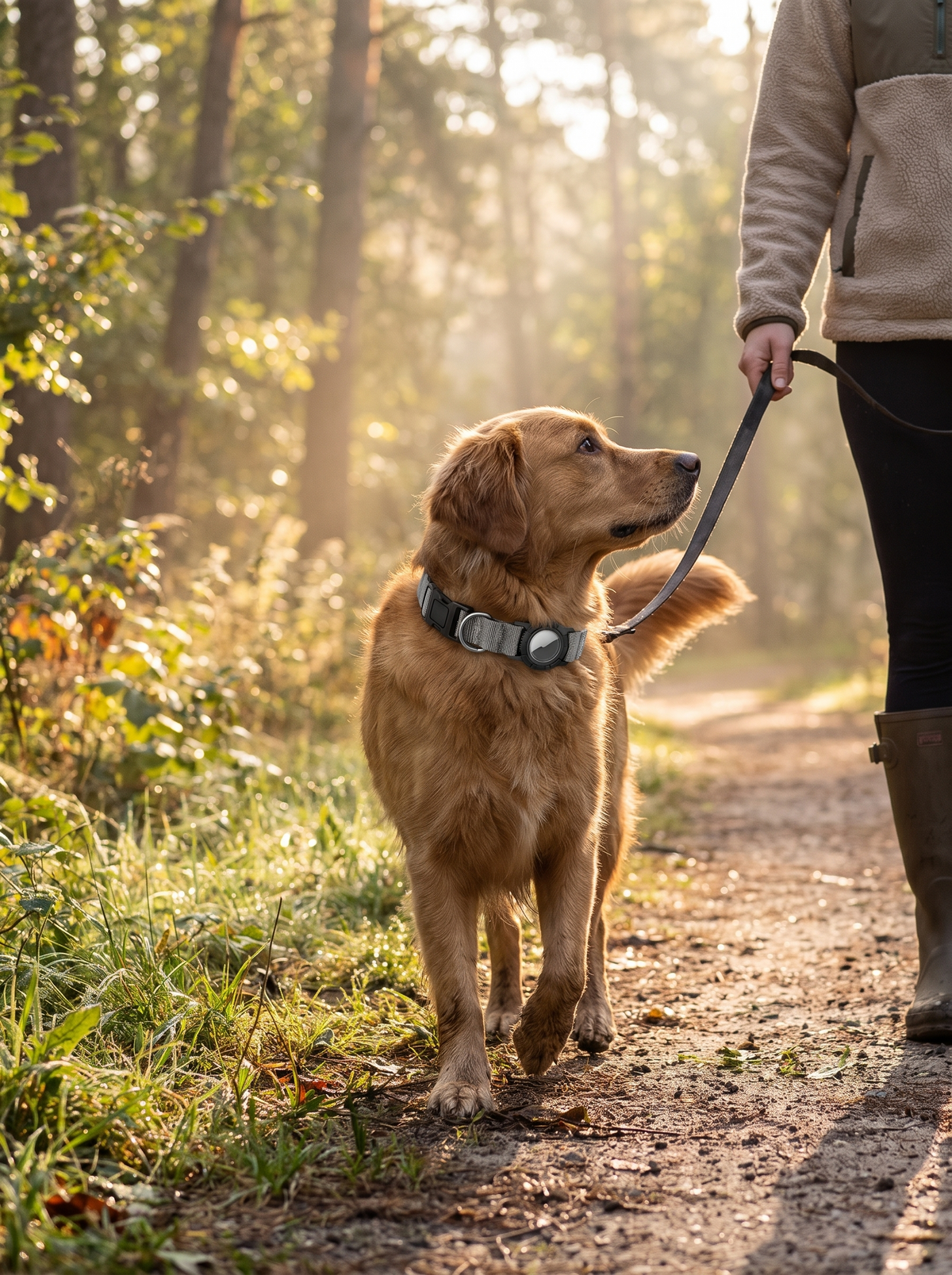 Reflective stitching on the AirTag dog collar during an early morning walk