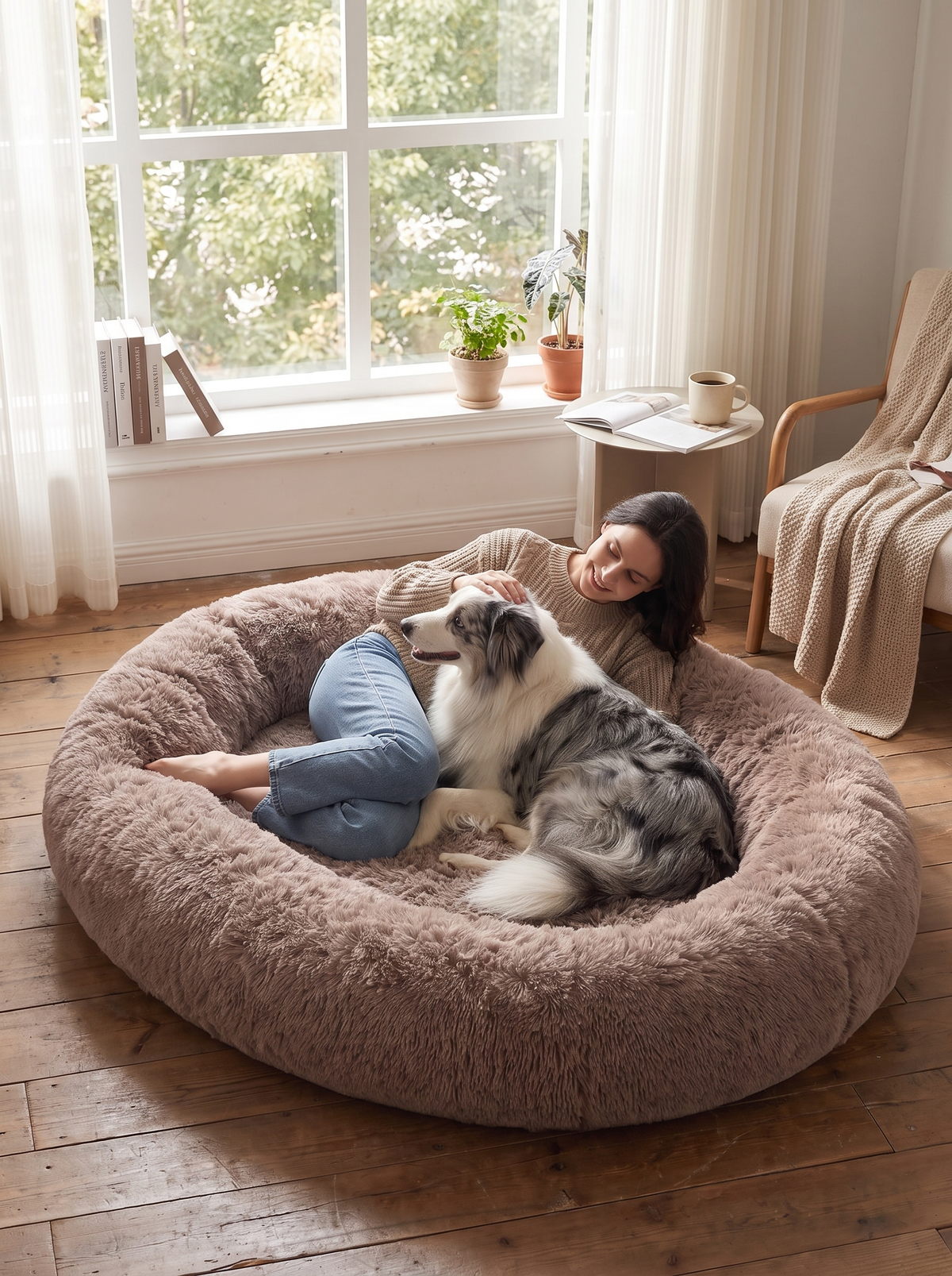 Owner and dog sharing the human sized memory foam bed