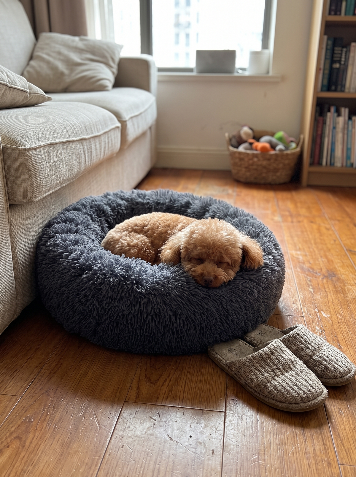 Raised rim of the calming donut bed supporting a head