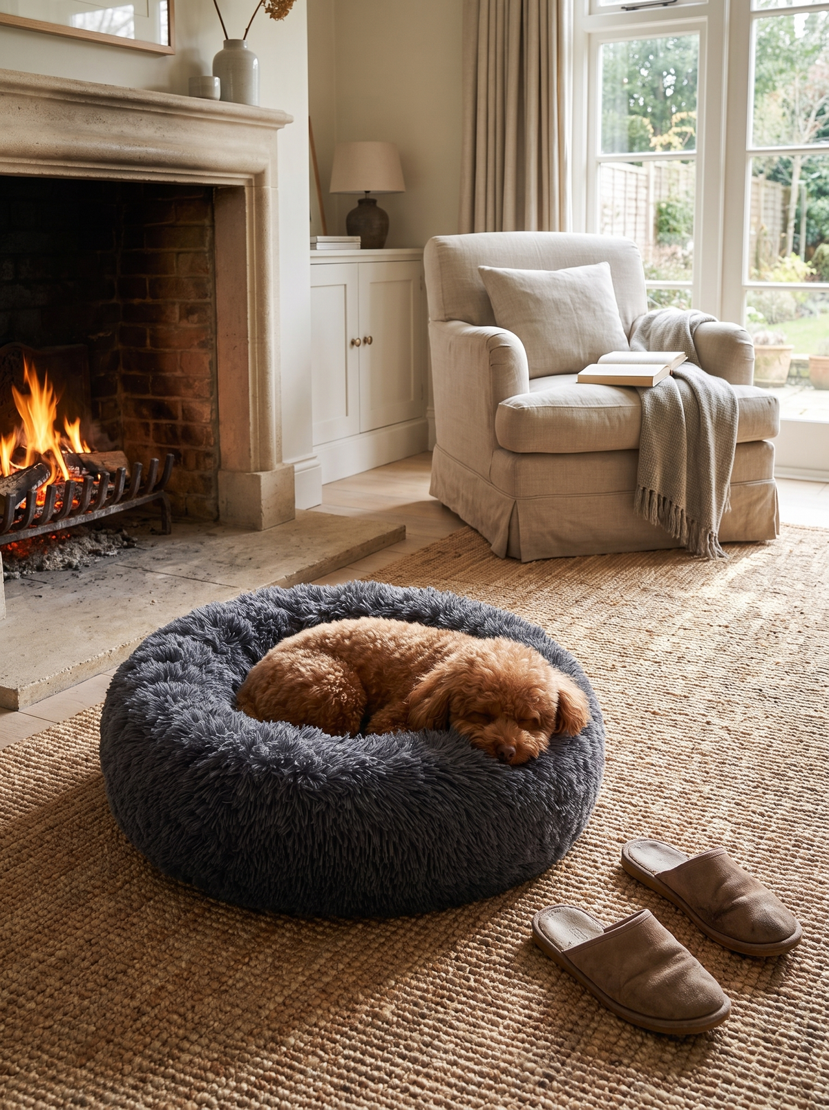 Dog curled into the plush donut bed