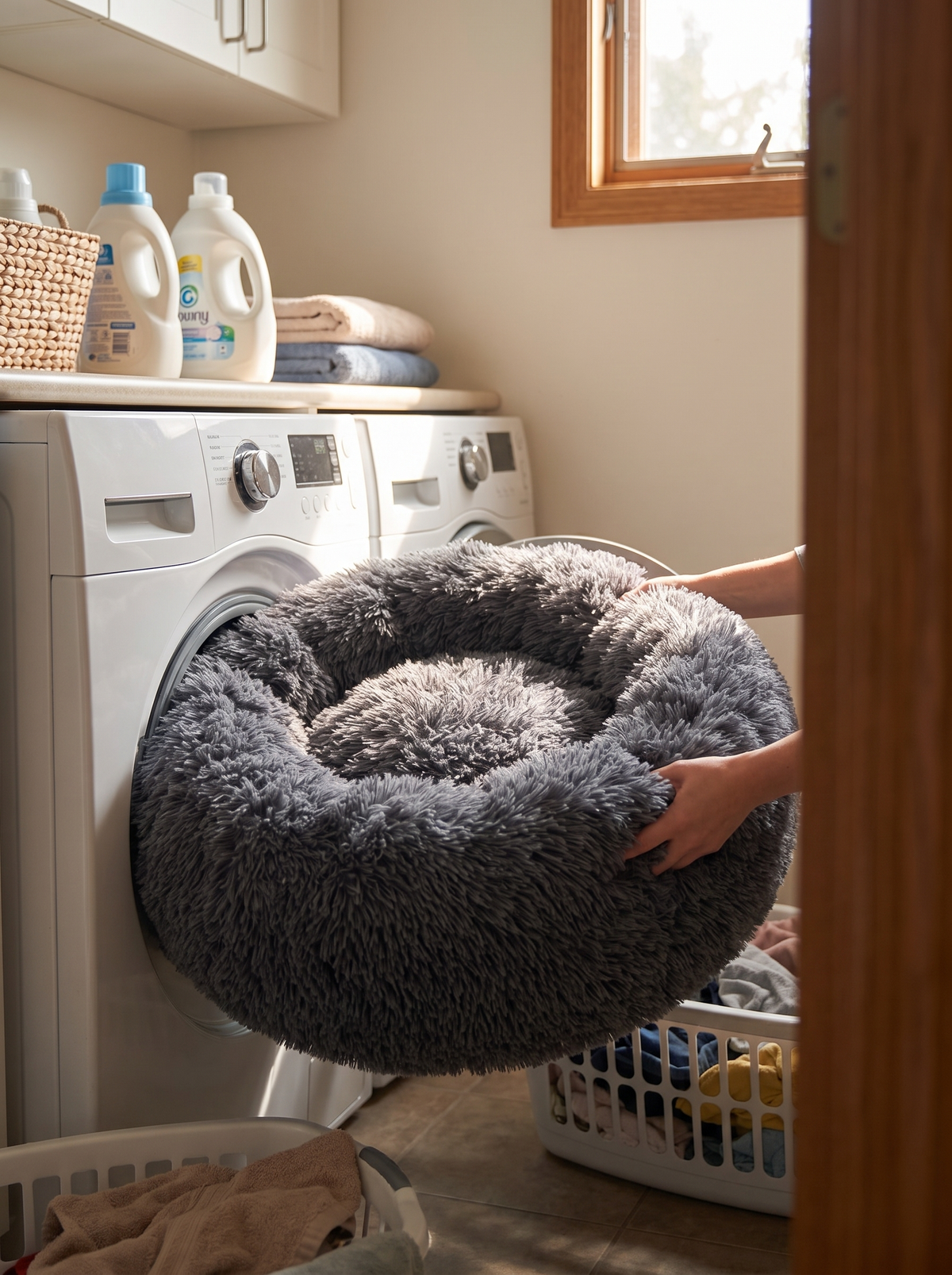 Machine washable donut dog bed in a home