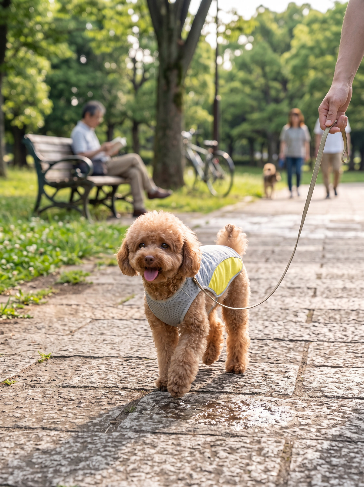 Dog wearing the cooling vest on a summer walk