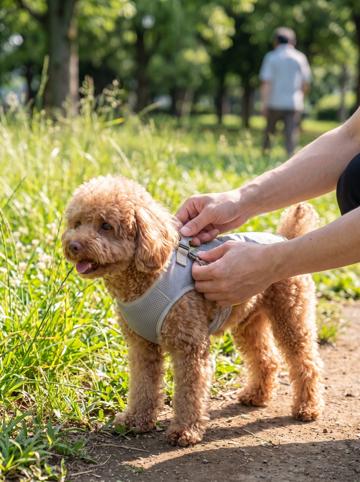 Slipping the cooling vest on a dog