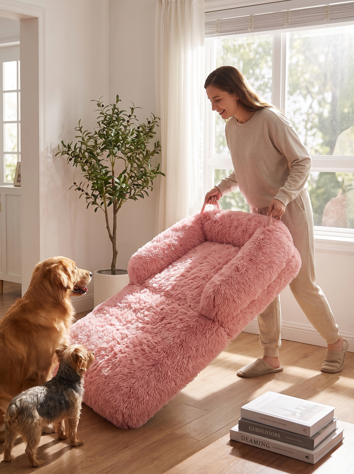 Carrying the foldable sofa dog bed between rooms