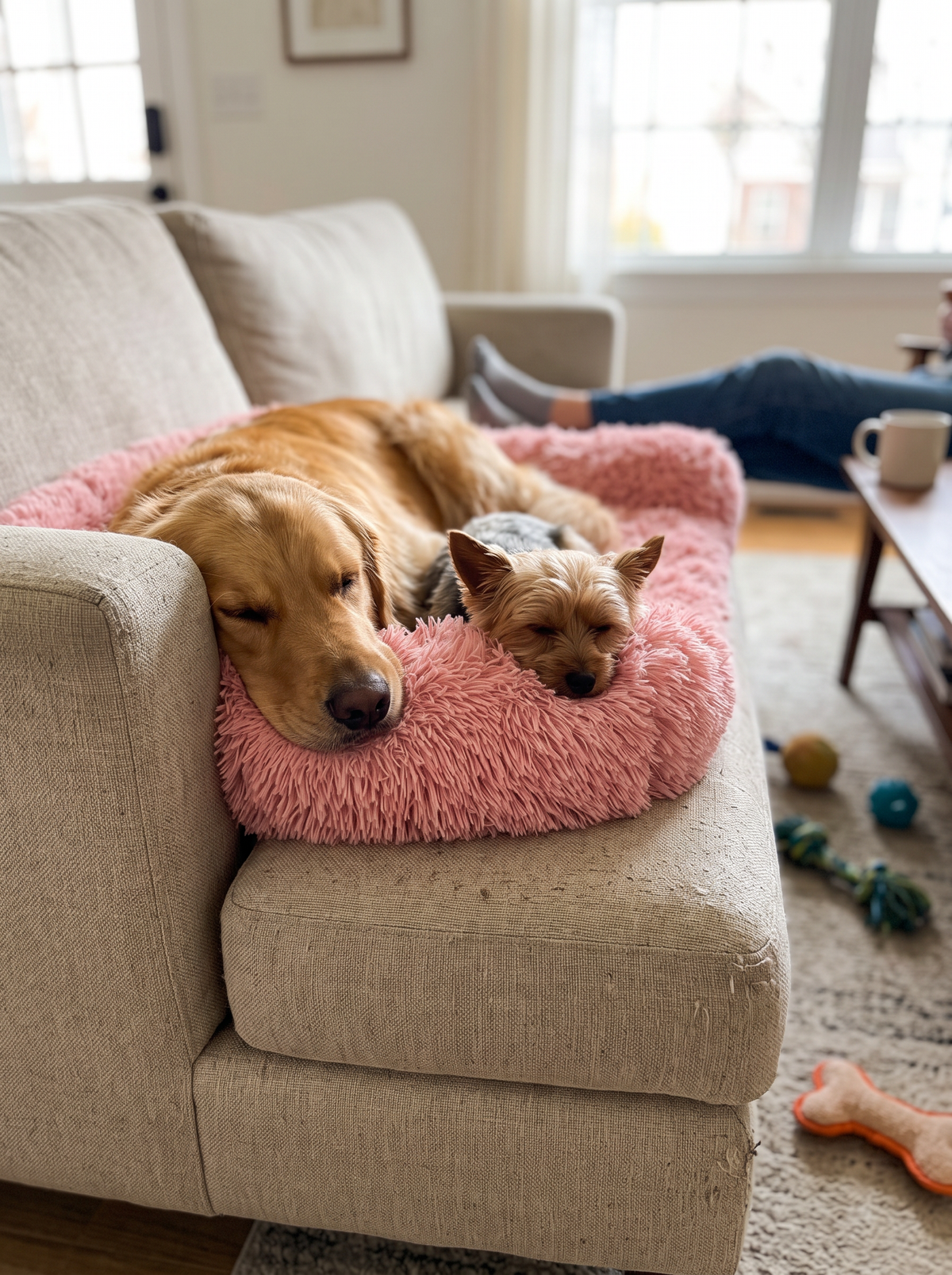 Dog leaning against the bolster of the sofa dog bed