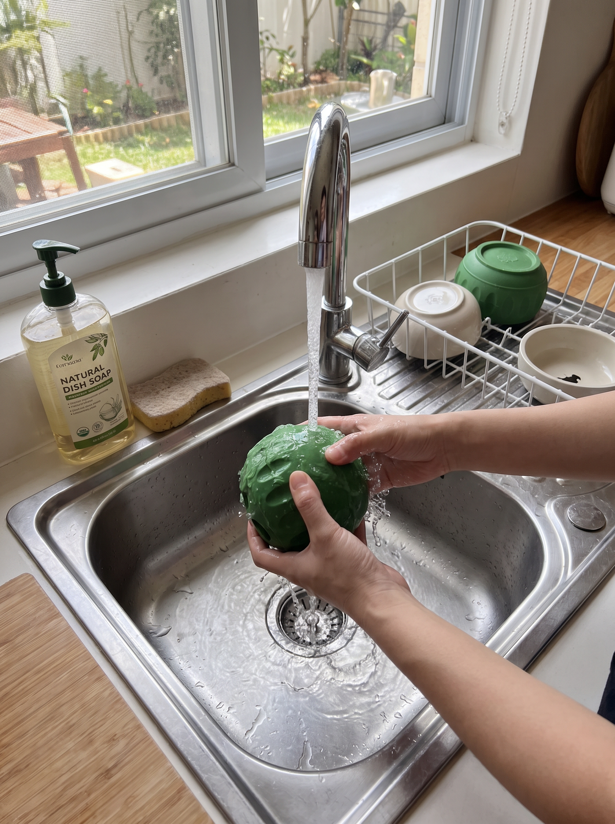 Rinsing the slow feeder puzzle dish at the sink