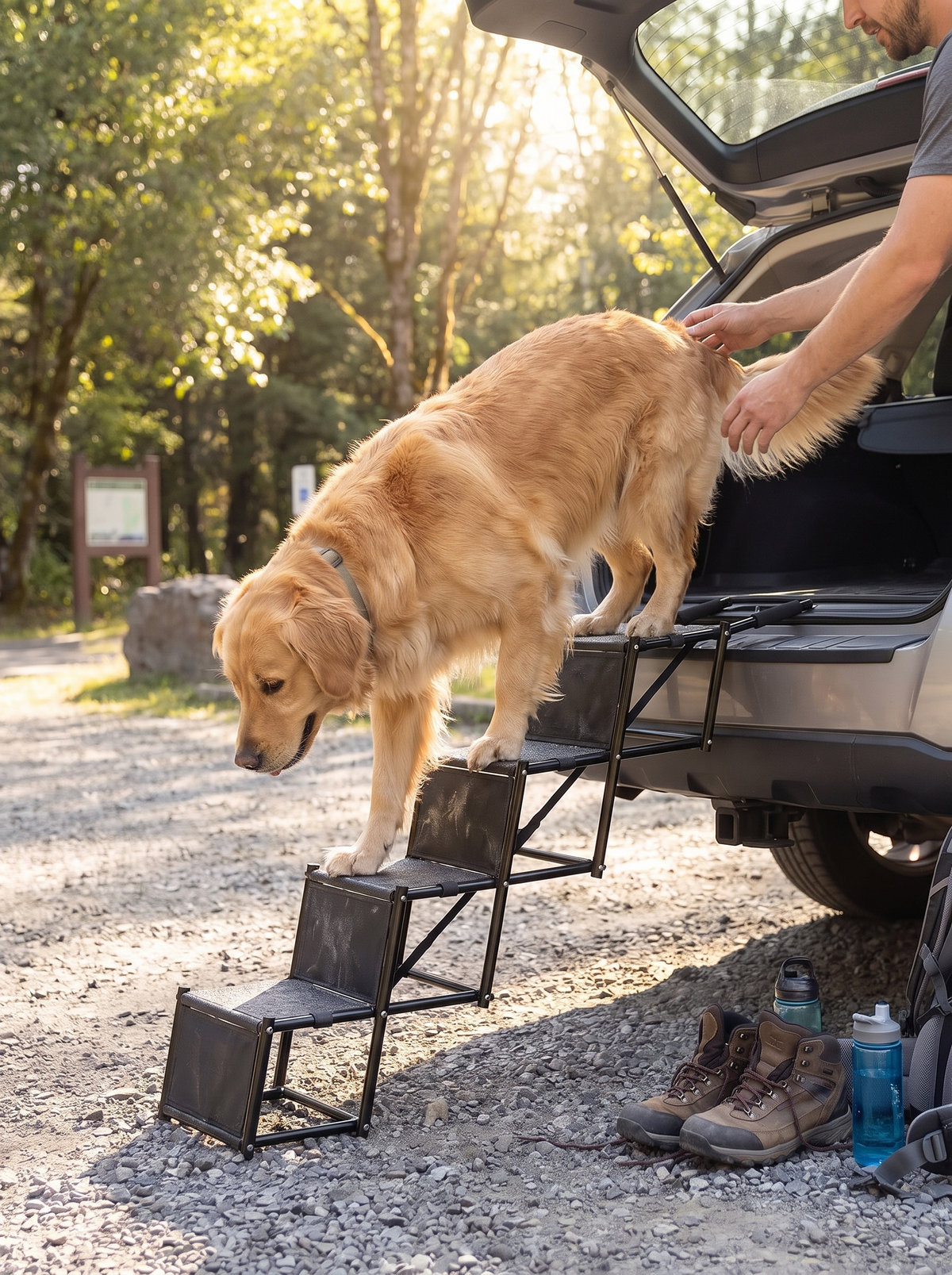 Wide non slip treads on the dog car steps