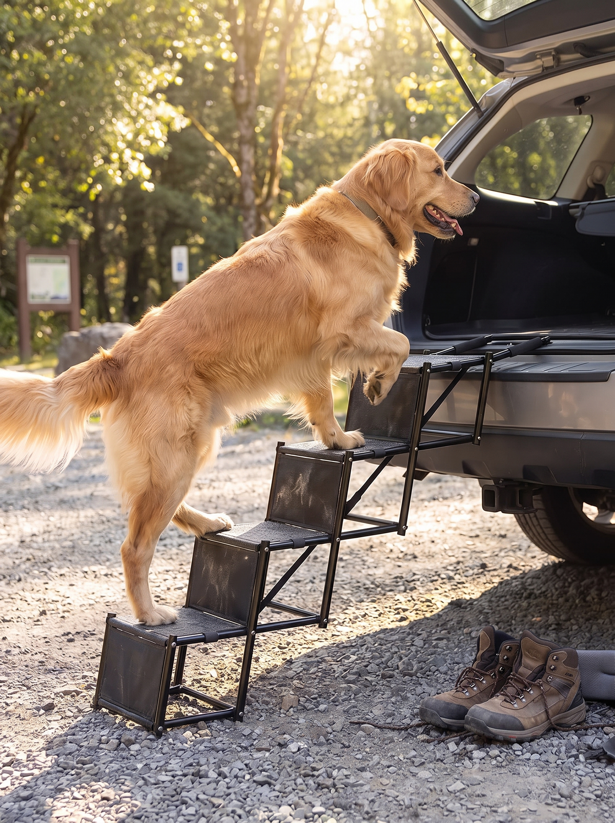 Dog climbing the foldable car steps into a boot