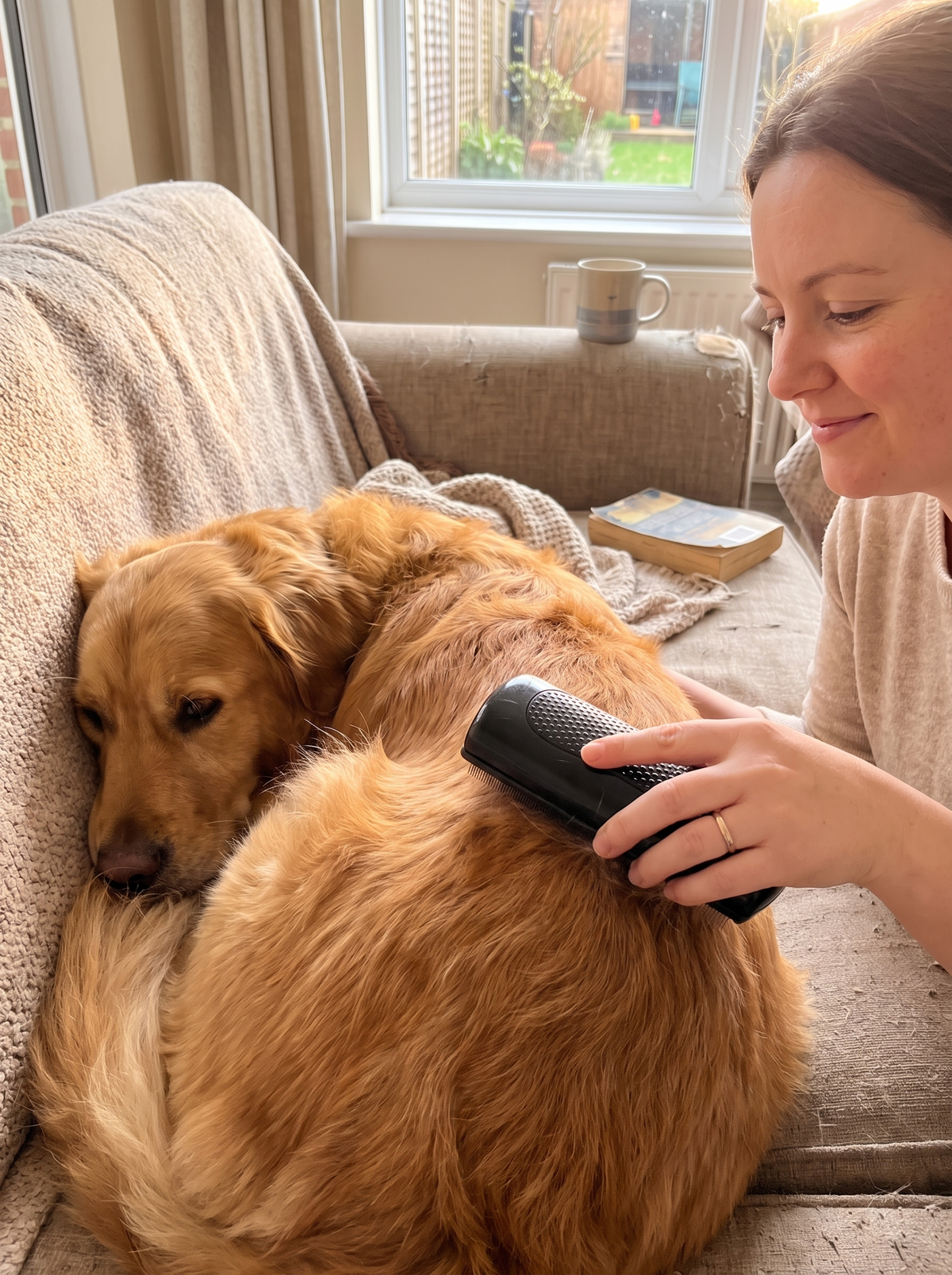 Relaxed dog being groomed with the comb