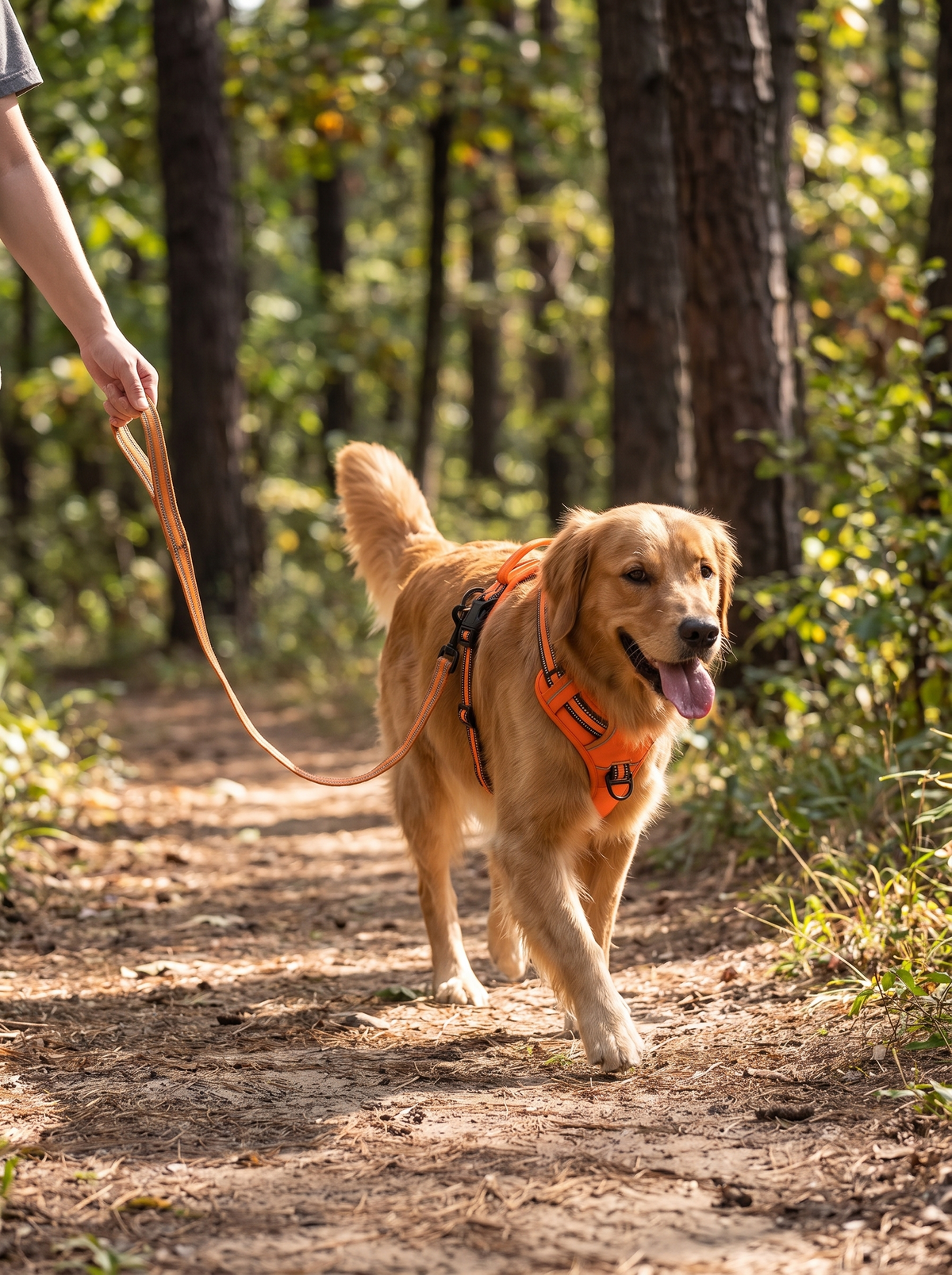 Dog walking calmly in the no pull harness vest