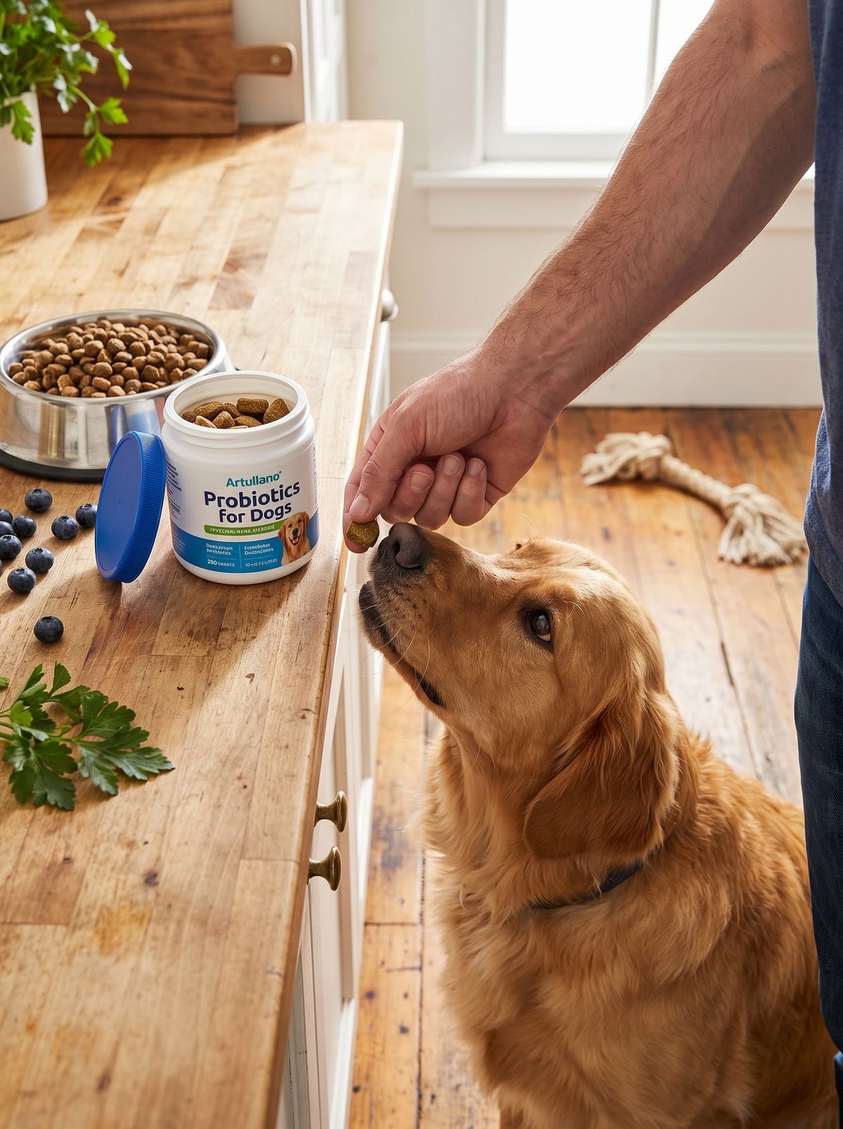 Dog taking a probiotic chew like a treat