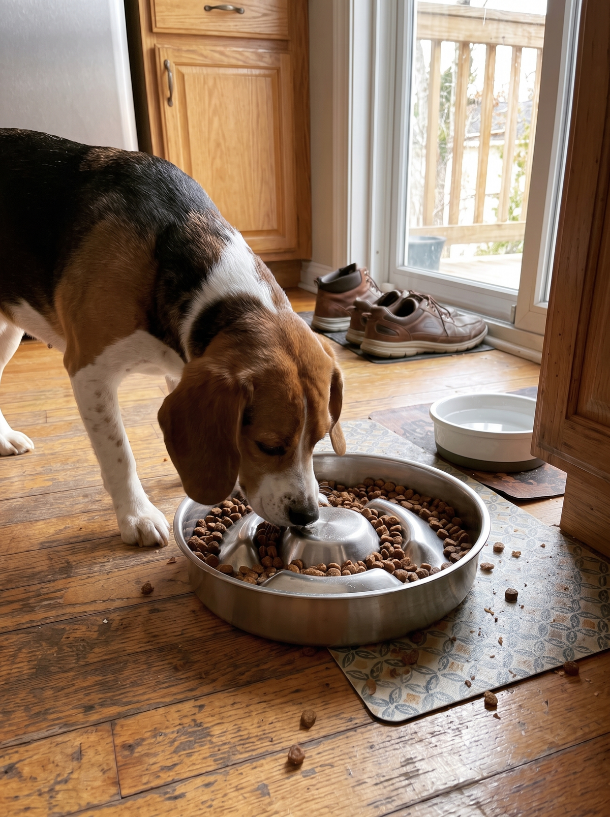 Dog eating from the ridged stainless slow feeder bowl