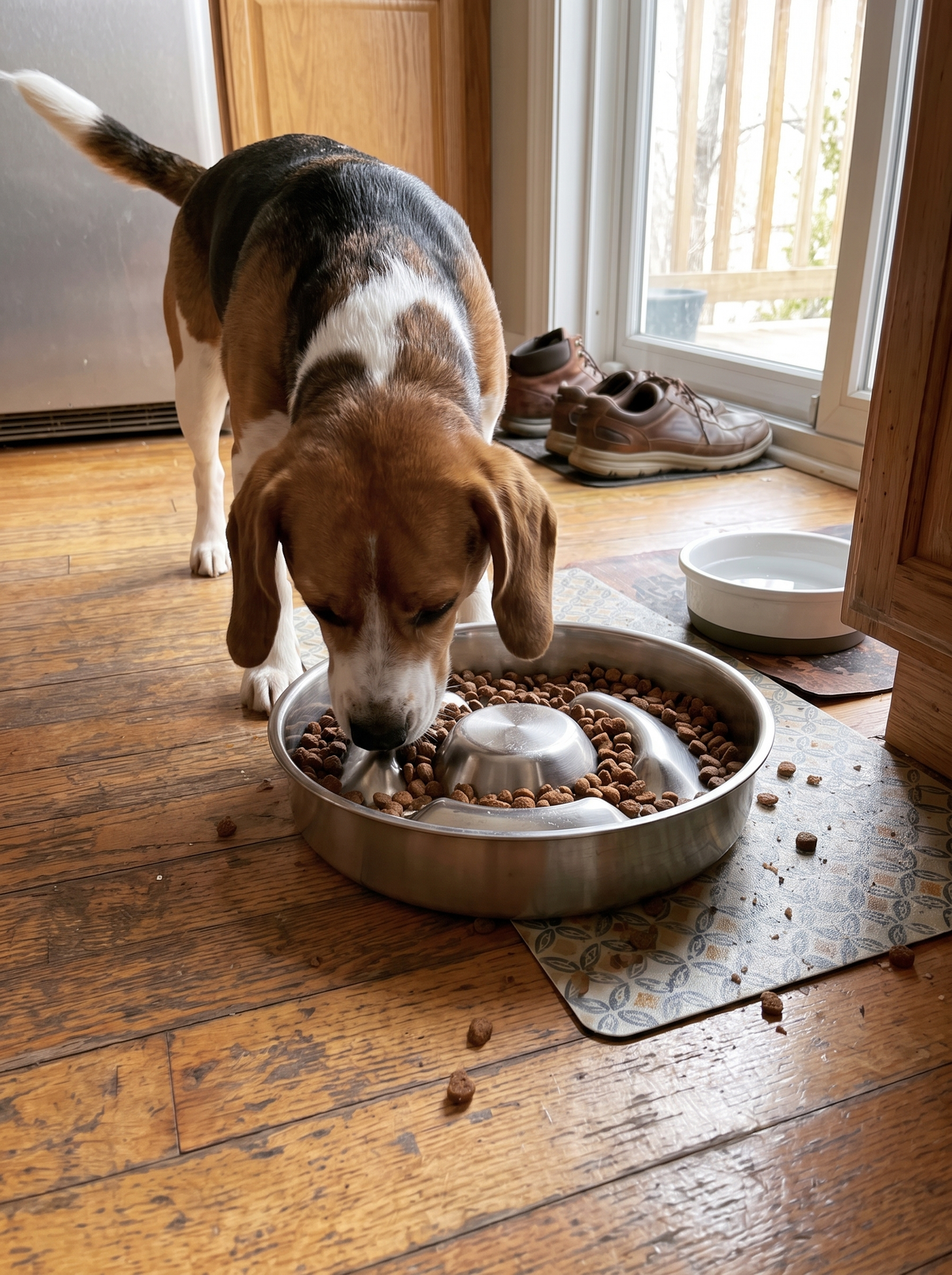 Clean stainless steel slow feeder bowl in a kitchen