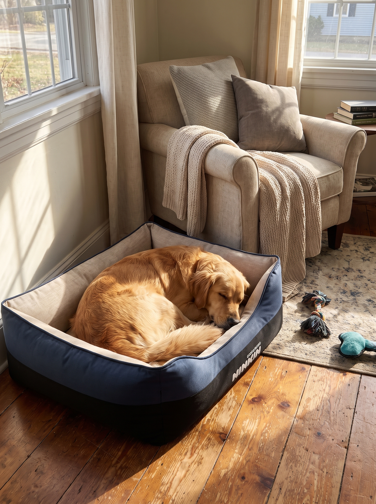 Dog settled on the four seasons bed at home
