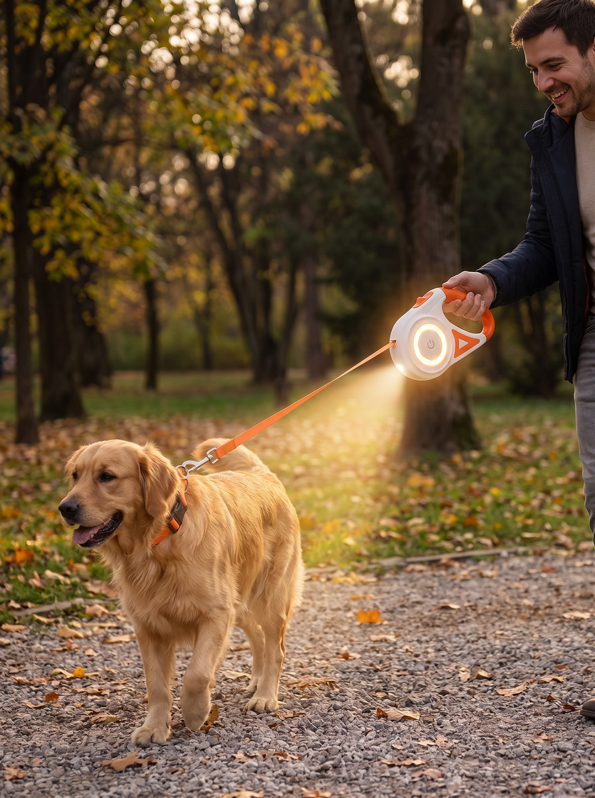 Built in light on the retractable lead on a dark path