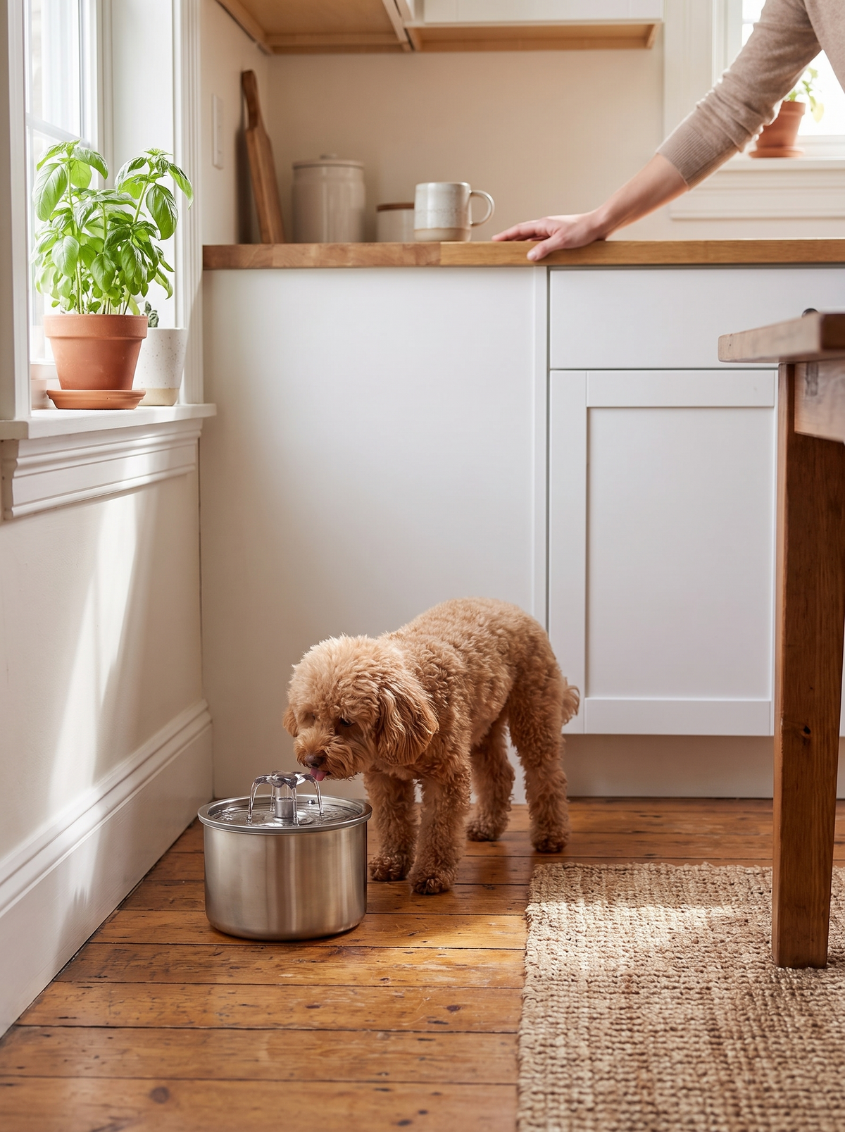 Quiet pet fountain running in a kitchen corner