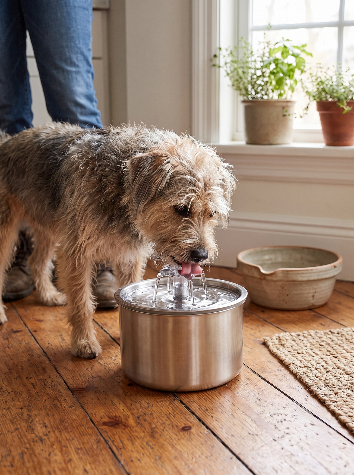 Cat drinking from the stainless steel pet fountain