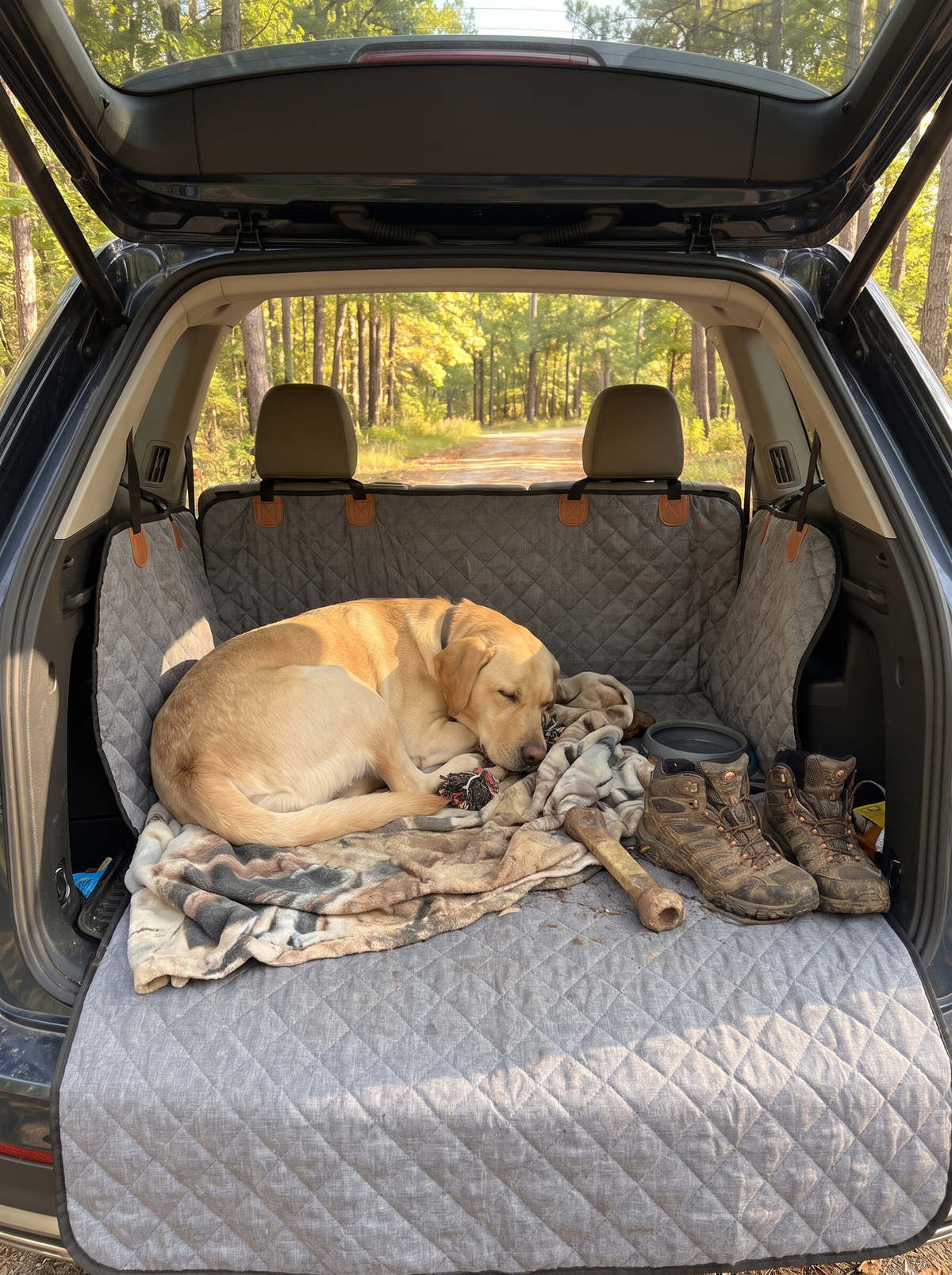 Dog settled on the padded waterproof travel bed in a car boot